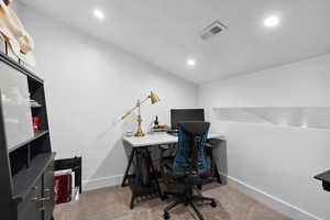 Home office featuring recessed lighting, baseboards, and carpet floors