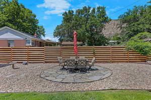 Fenced backyard featuring a patio area