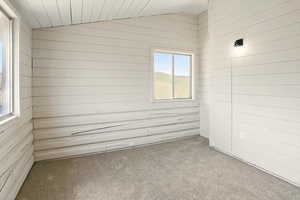 Empty room with carpet, wood walls, and vaulted ceiling