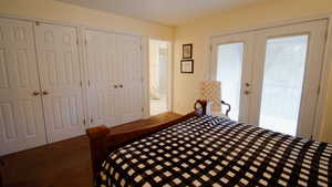 Bedroom featuring french doors, carpet, and two closets