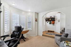 Office with arched walkways, carpet, and baseboards
