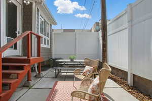 Fenced backyard with a patio