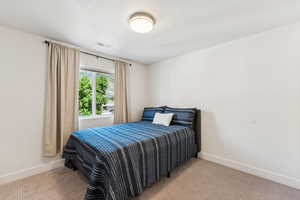 Bedroom with carpet floors and baseboards