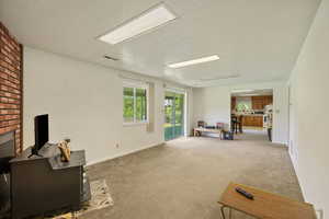 Family room in basement with fireplace