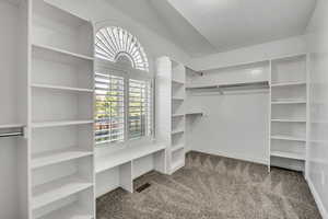 Spacious closet with carpet and lofted ceiling