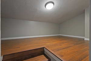 Additional living space featuring vaulted ceiling, wood finished floors, baseboards, and a textured ceiling