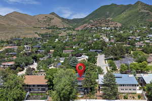 Aerial view of residential area with a mountain backdrop