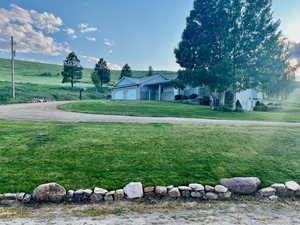 View of green lawn featuring a garage and driveway