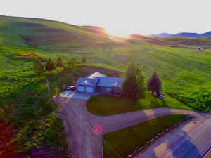 Overview of rural landscape featuring mountains