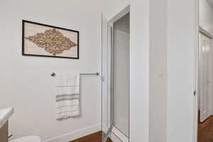 Bathroom with wood finished floors, a stall shower, vanity, and toilet