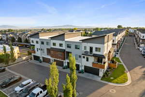 Aerial perspective of suburban area with mountains