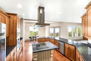 Kitchen with island exhaust hood, appliances with stainless steel finishes, a sink, wood finished floors, and healthy amount of natural light