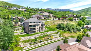 Aerial view of residential area with mountains