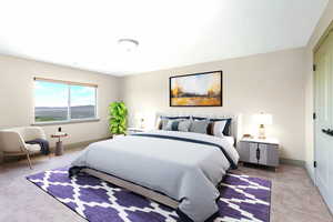 Bedroom with light colored carpet and baseboards