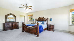 Bedroom featuring carpet and ceiling fan