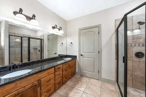 Bathroom with a stall shower and double vanity