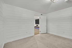 Unfurnished room featuring carpet flooring, a textured ceiling, wood walls, and baseboards