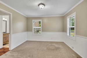 Unfurnished room featuring healthy amount of natural light, dark carpet, ornamental molding, a textured ceiling, and baseboards