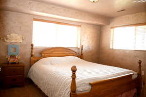 Bedroom featuring multiple windows, carpet flooring, and a textured ceiling