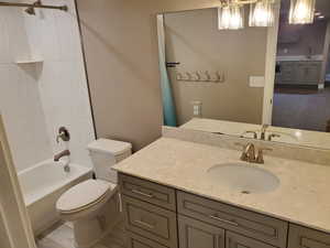 Bathroom featuring vanity, toilet, and shower / tub combination