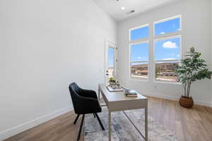 Home office featuring wood finished floors and a high ceiling