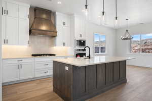 Kitchen with premium range hood, a sink, wall oven, light wood finished floors, and tasteful backsplash