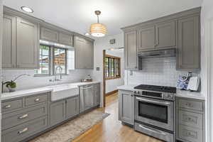 Kitchen with stainless steel appliances, gray cabinets, a sink, and recessed lighting