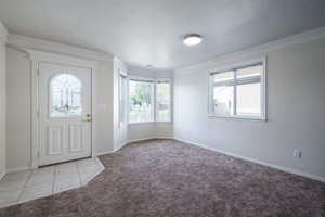 Foyer entrance with light colored carpet, healthy amount of natural light, ornamental molding, baseboards, and a textured ceiling