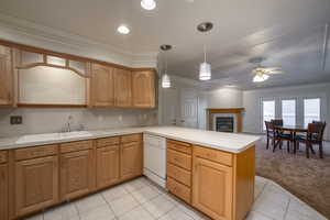 Kitchen with dishwasher, a sink, light carpet, a peninsula, and a ceiling fan