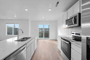 Kitchen with appliances with stainless steel finishes, a sink, light countertops, light wood-style flooring, and recessed lighting