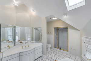 Full bath featuring toilet, lofted ceiling, vanity, a stall shower, and a skylight