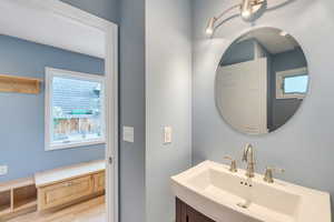Bathroom with wood finished floors and vanity