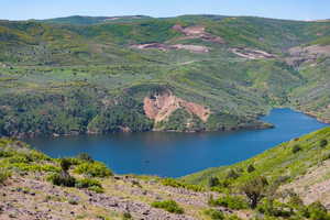 View of property location featuring a water and mountain view and a forest