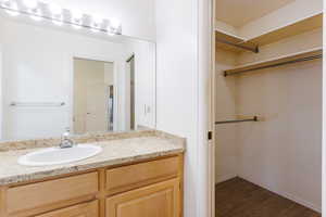 Bathroom featuring vanity and wood finished floors