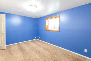 Carpeted spare room featuring a textured ceiling and baseboards