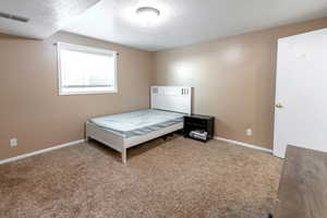 Bedroom featuring a textured ceiling and carpet floors
