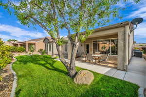 Rear view of house with stucco siding, a patio area, and a lawn