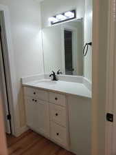 Bathroom with vanity and wood finished floors