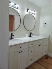 Hall bathroom with double vanity and wood finished floors