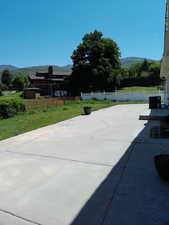 View of patio with a mountain view