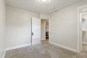 Unfurnished bedroom with carpet floors, baseboards, and a textured ceiling