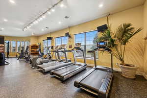Exercise room featuring baseboards, rail lighting, and recessed lighting