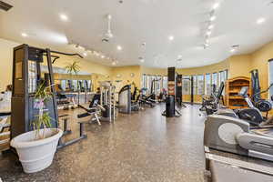 Workout area featuring rail lighting and recessed lighting