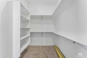 Spacious walk in closet with carpet