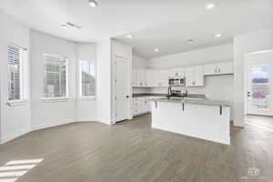 Kitchen featuring stainless steel appliances, plenty of natural light, baseboards, and recessed lighting