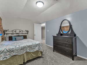 Bedroom featuring lofted ceiling, a textured ceiling, carpet flooring, and baseboards
