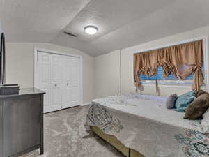 Carpeted bedroom with lofted ceiling, a textured ceiling, a closet, and baseboards