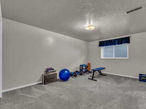 Workout room with carpet, a textured ceiling, and baseboards