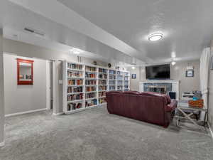 Carpeted living area featuring a textured ceiling, a premium fireplace, and baseboards