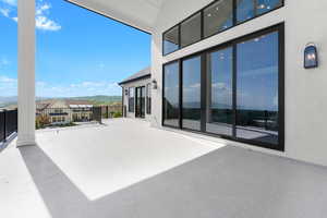 View of patio with a mountain view